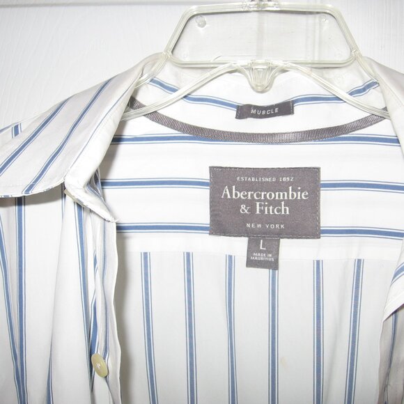 Abercrombie & Fitch White Dress Shirt Blue Stripes Men's Large Muscle Fit - Picture 2 of 4